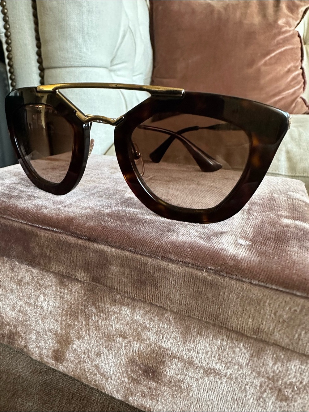Prada Tortoiseshell Cat-Eye Sunglasses with Gold Bridge